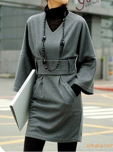 V-neck slim elegant flare sleeve dress,black,gray