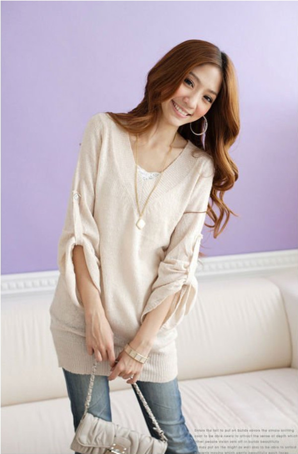 V-NECK Tunic Knit Wear Pullover Sweater Dress Free Size Free Shipping