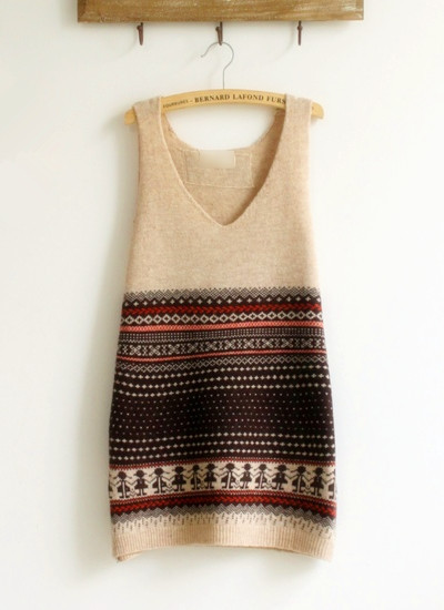 V-neck vest one-piece dress autumn women's wool jacquard long design sweater dress