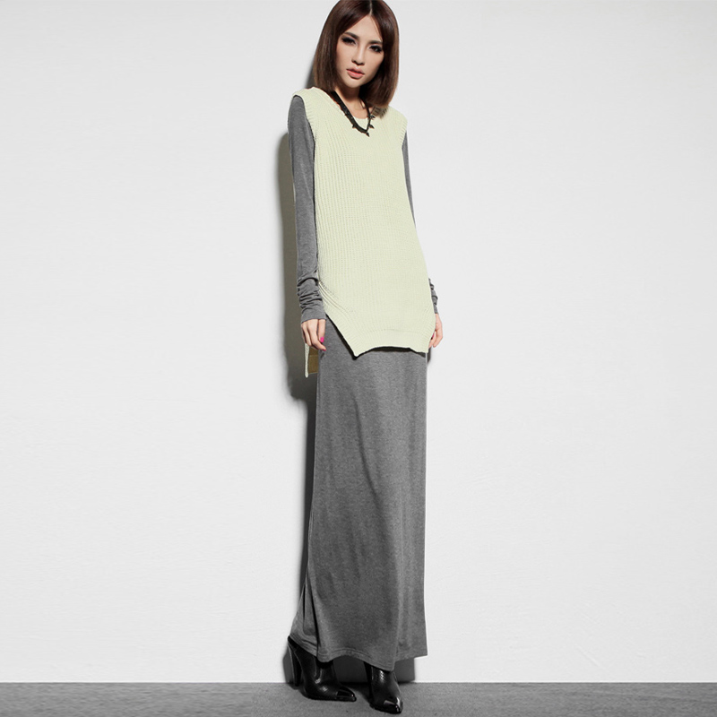 v placketing sweep solid color quality coarse knitting long vest sweater 13807