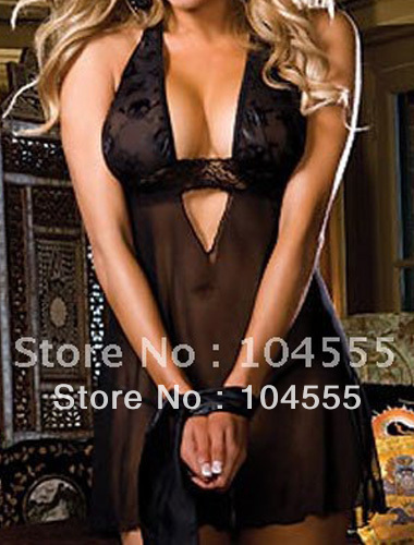 V-type and Hanging Neck Design Sexy Black Lingerie