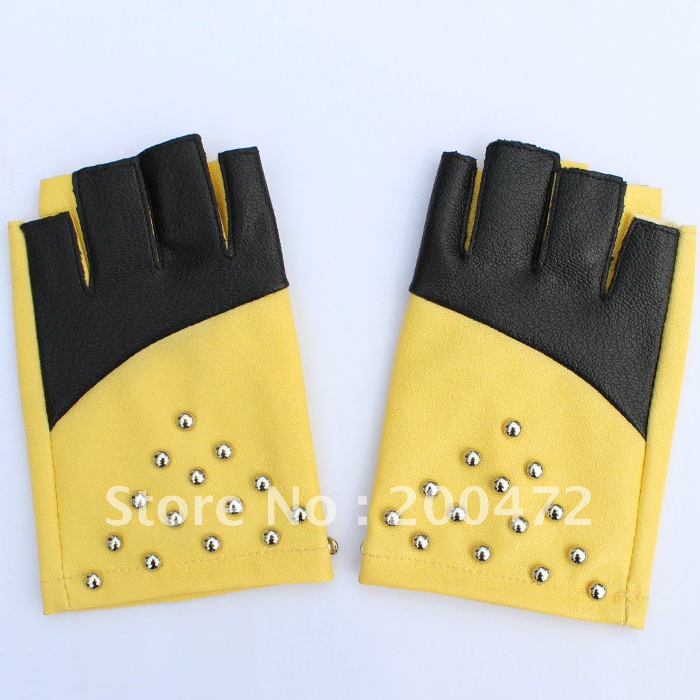 V173 wholesale cheap yellow and black lambskin leather fingerless gloves for women with rivets