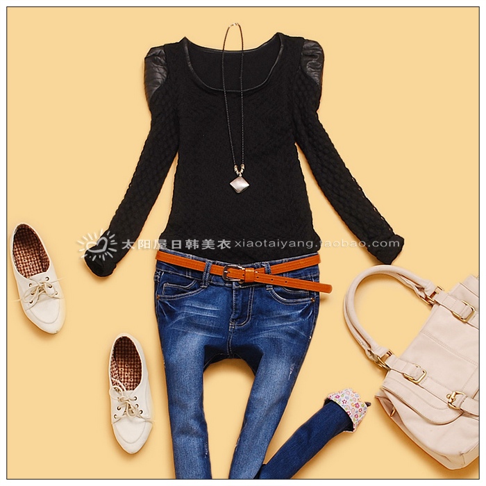 V2-3 women's spring lace shirt puff sleeve lace basic top basic shirt