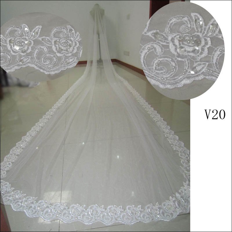V20 Real Sample  Free Shipping Long Beaded 5 Meters One Layer  Lace wedding Veil 2012