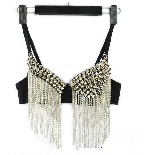 V564 Sexy Punk Metallic Gathers Spike Studs Rivet Chain Tassels Bra Party Pub Dance