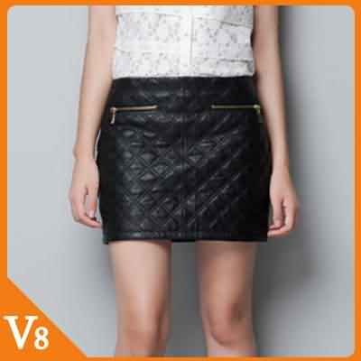 V8 / Free Shipping! / 2013  Black / Spring , autumn / New half-length women skirts leather denim Black skirt  / V-8713