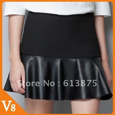 V8 / Free Shipping! / Black / autumn, winter / laminated mini leather denim lantern skirts / for Wholesale sales / V-8589