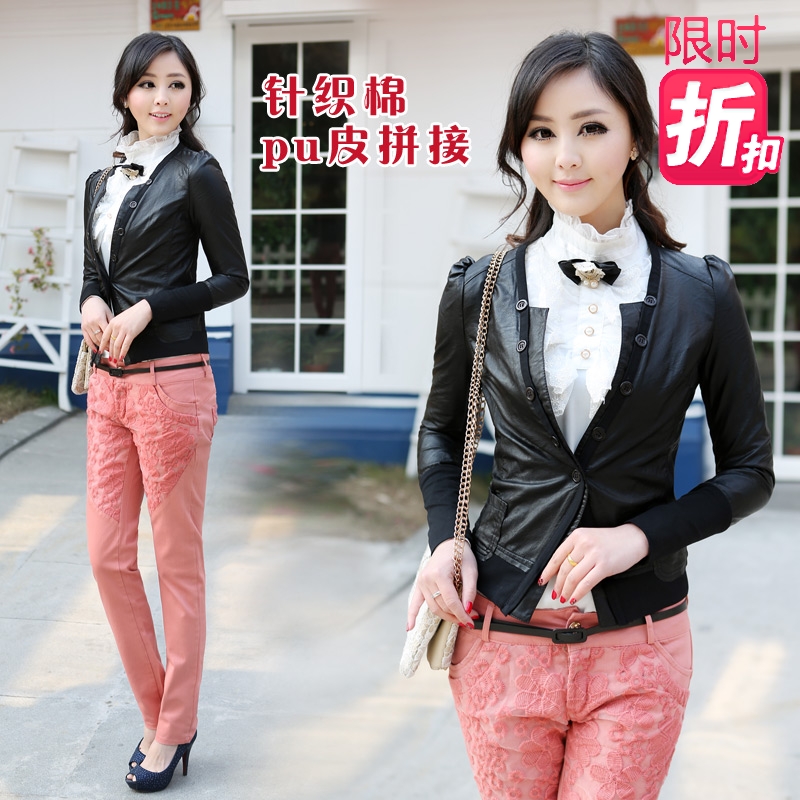 Vampish e 13 women's spring new arrival knitted patchwork PU slim small leather clothing coat