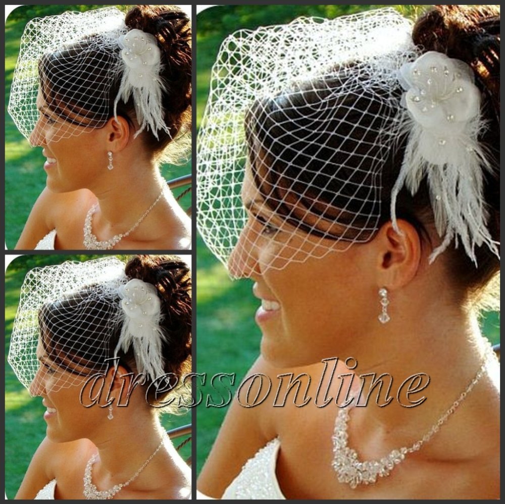 VE465 Stunning Free Shipping Inexpensive Ivory White Beaded Feather Bride Wedding Birdcage Veil High Quality