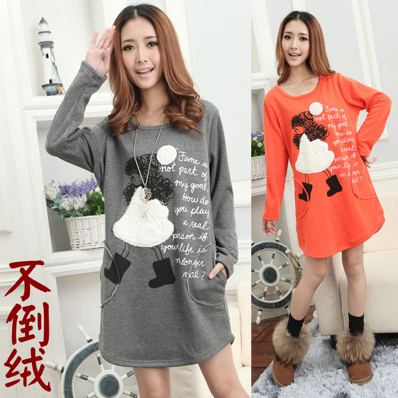 Velvet maternity spring top fleece thickening maternity clothing long design long-sleeve T-shirt thermal sweatshirt 01