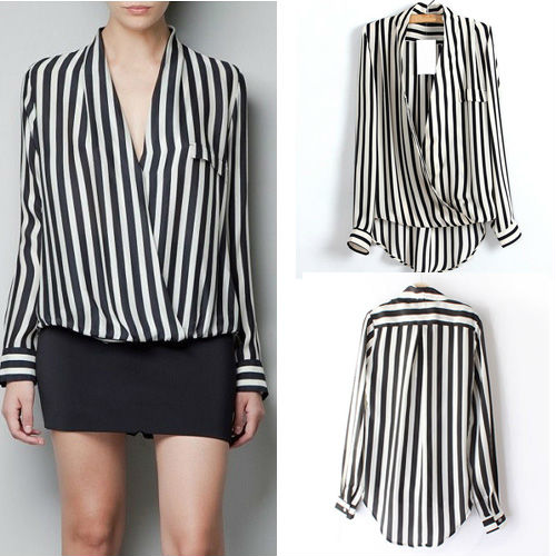 Vertical Stripes Stand-up Collar + V Collar Pocket Chiffon Shirt WF-3872