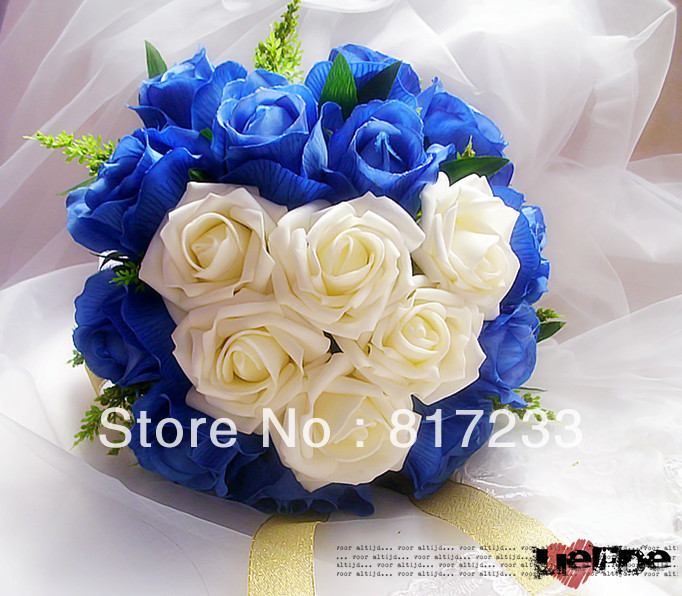 Very Beautiful Blue Bouquet Foam Rose Bridal Wedding Bouquet With Ribbon >>35rfgghe