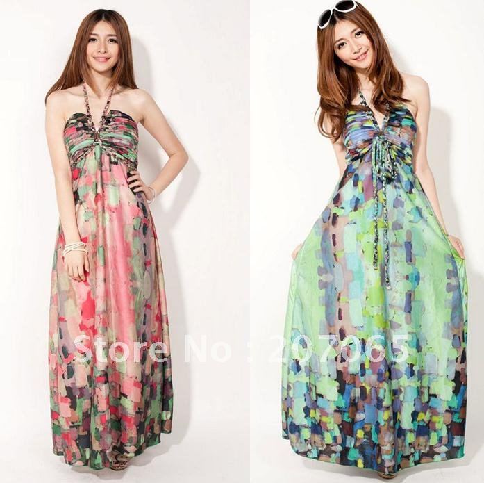 VERY GOOD QUALITY!! Bohemia strap full dress,oil painting print silk chiffon beach dress,women dress  2 colour SIZE,S,M,L,XL