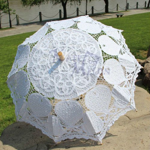 Very Nice Heart Design Vintage Battenberg Lace Parasol Sun Umbrella in White Wedding Free Shipping