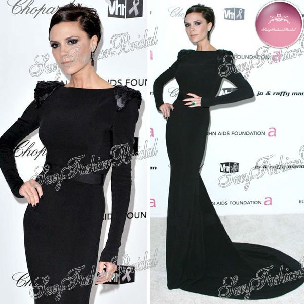 Victoria Beckham bateau neck sequins on the shoulder  black formal dress long sleeves celebrity dresses