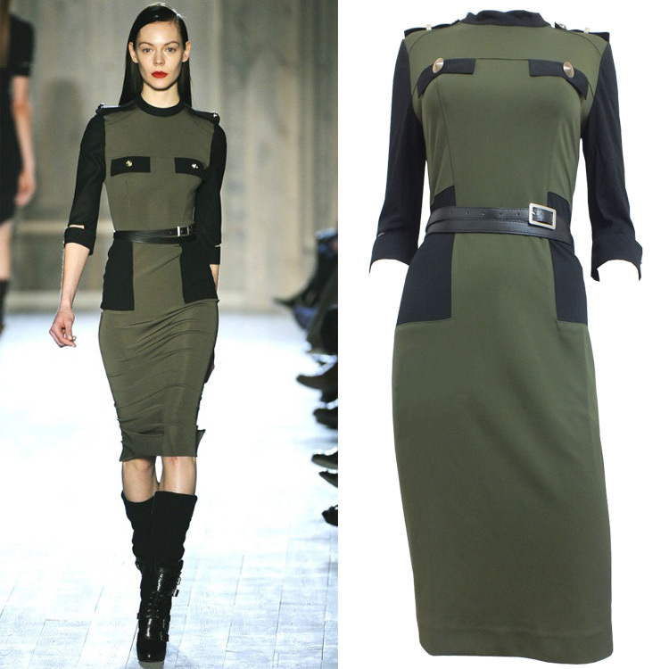 Victoria military fashion epaulette black green knitted slim half sleeve  dress free shipping dropship wholesalers