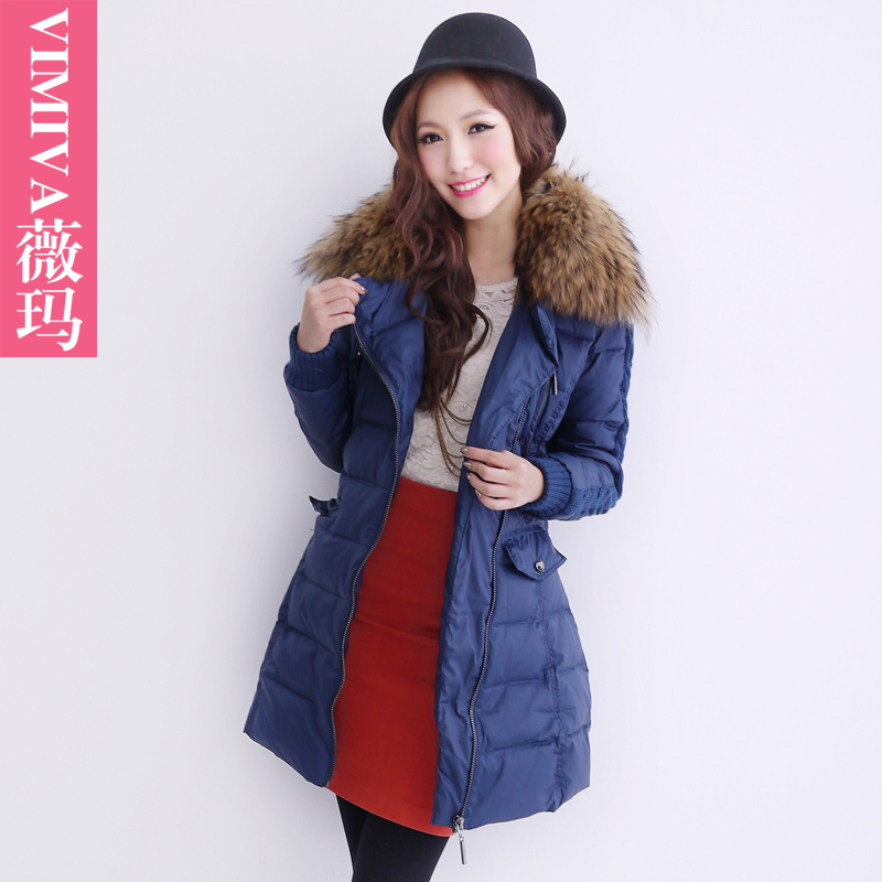 Vimiva autumn and winter new arrival big raccoon fur knitted patchwork down coat female long design oblique zipper