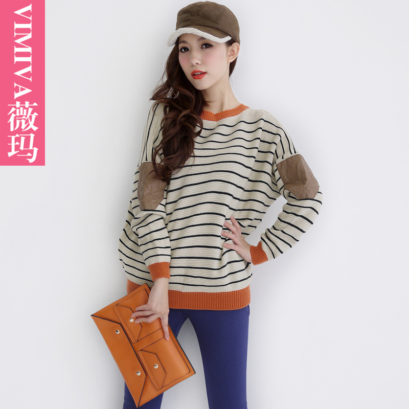 Vimiva color block stripe casual vintage sweater female patchwork o-neck loose sweater outerwear