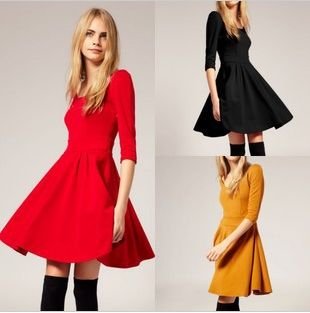 Vintage 2012 Women European Style Great Hem Crew Neck Dress Three Colors Dress S-L