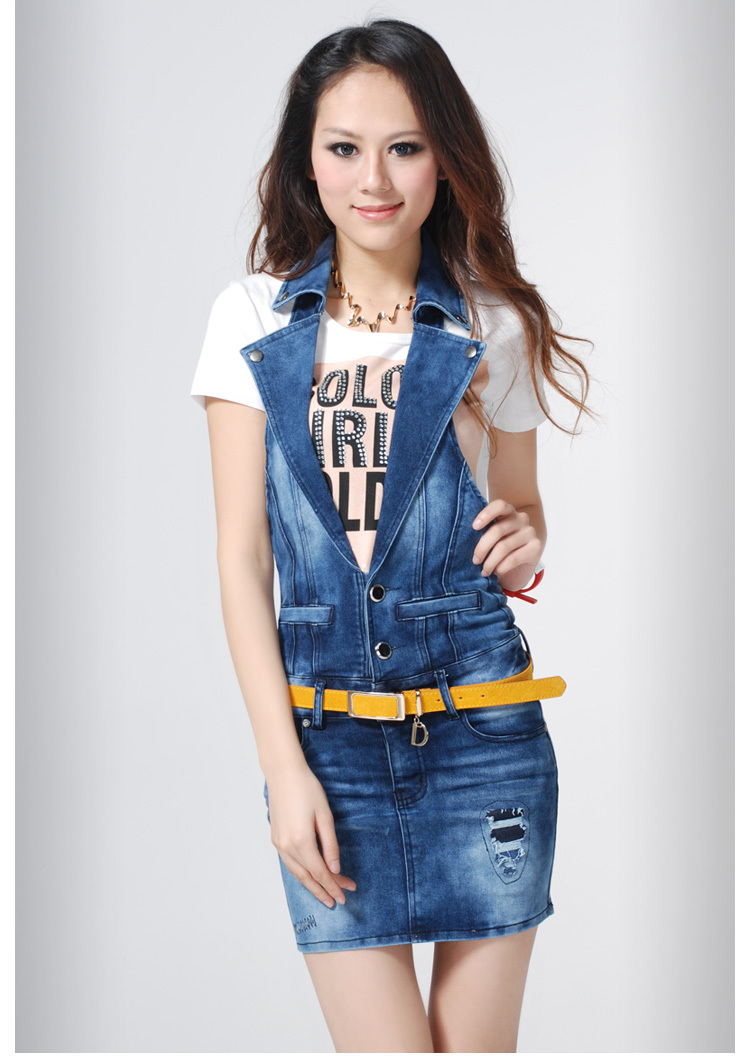 Vintage 2013 Hotsale Spring Backless Denim Dress Dress Heavy Washed Dress Dark Blue Freeshipping