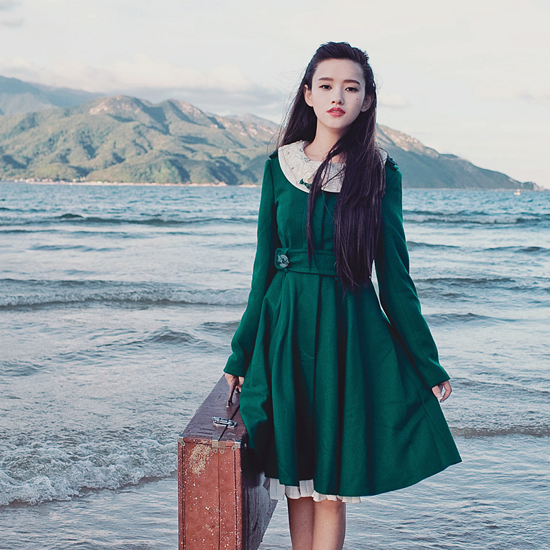 Vintage autumn and winter genuine leather buckle senior vintage elegant dark green slim outerwear one-piece dress