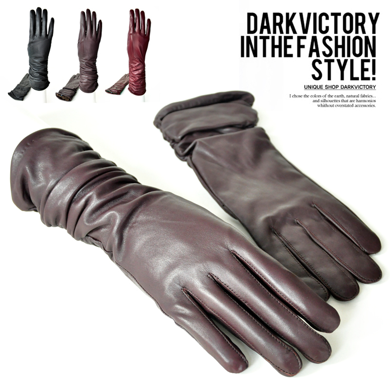 Vintage autumn and winter medium-long women's suede gloves thermal add velvet pleated genuine leather gloves