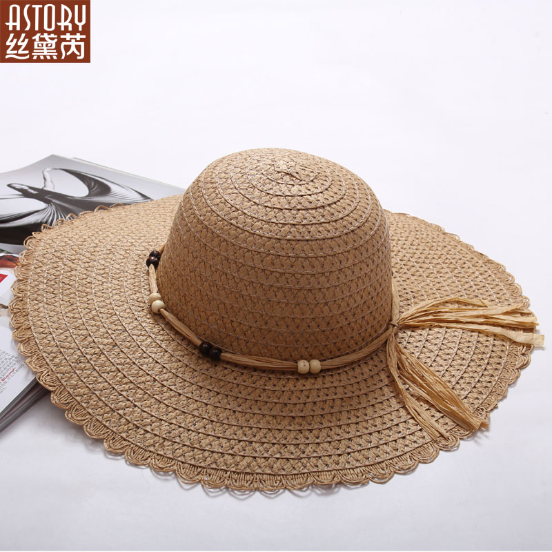 Vintage beaded summer sunbonnet large brim beach strawhat women's travel cap sun hat