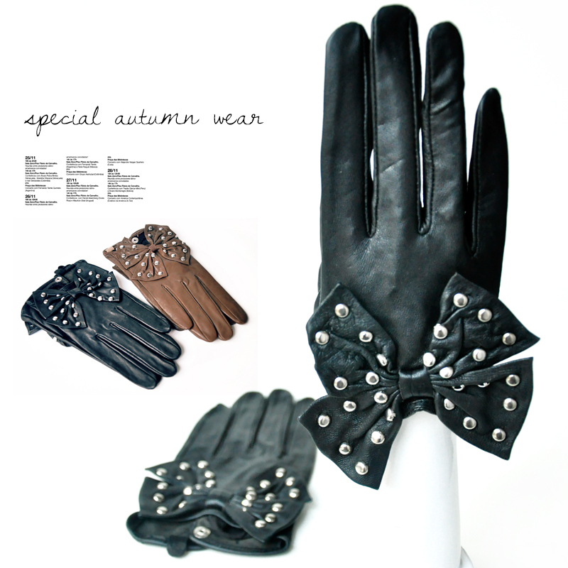 Vintage big bow rivet gloves sheepskin gloves winter thermal women's genuine leather gloves