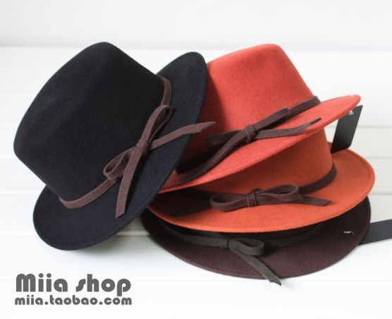 Vintage bow pure woolen flat fedoras flat brim hat bucket hats female autumn and winter fashion , Free Shipping