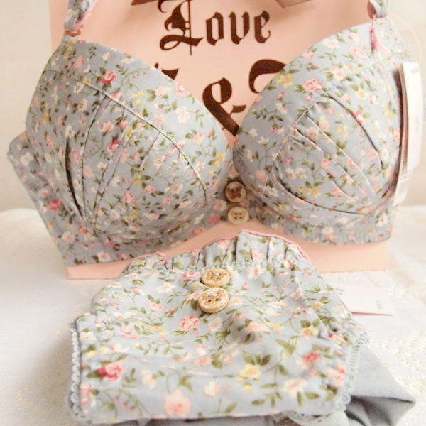 Vintage broken button bow sweet juniors single-bra underwear set push up bra 32ab 34ab 36ab