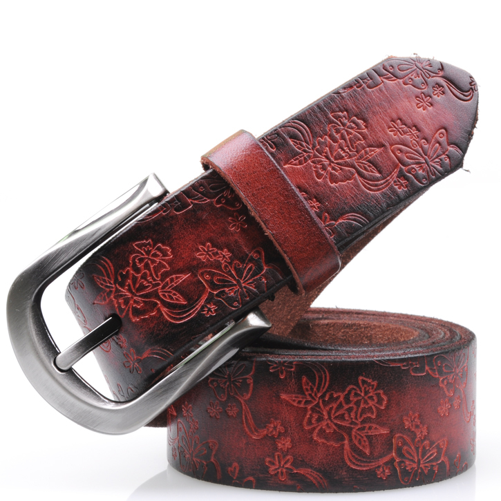 Vintage butterfly embossed first layer of cowhide genuine leather casual pants belt female belt Women all-match pin buckle