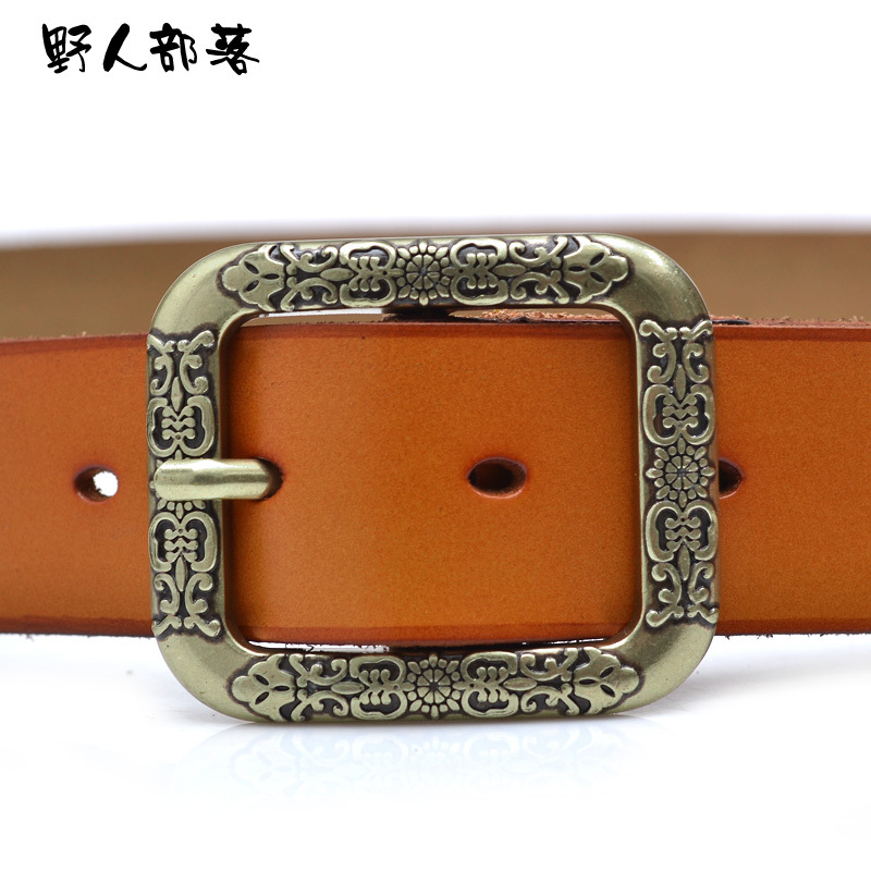 Vintage carved cowhide belt copper agings genuine leather casual pants belt male wide strap women's strap