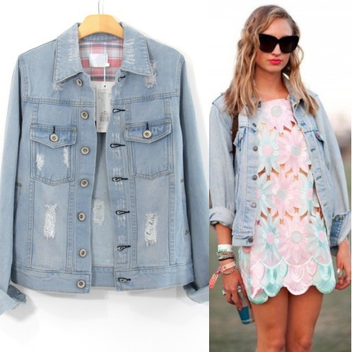 Vintage casual all-match water wash light color hole denim outerwear long-sleeve denim outerwear female