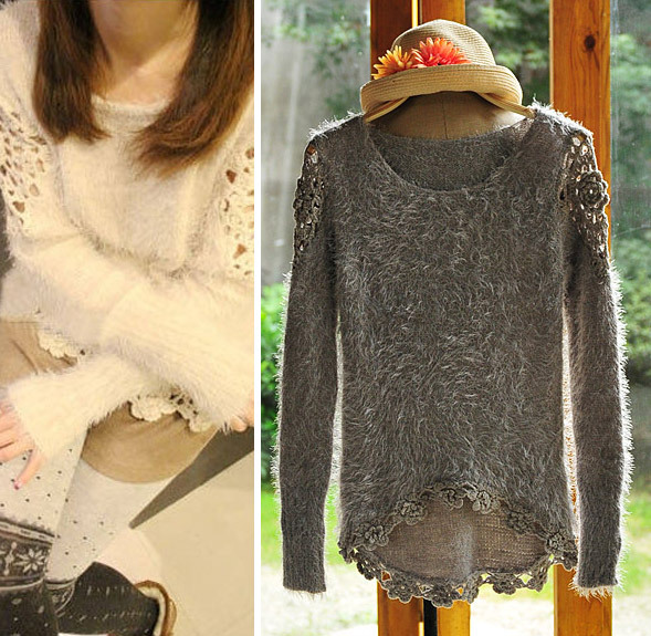 Vintage cutout crochet o-neck slim long-sleeve mohair domesticated hen lace patchwork sweater ,Free shipping