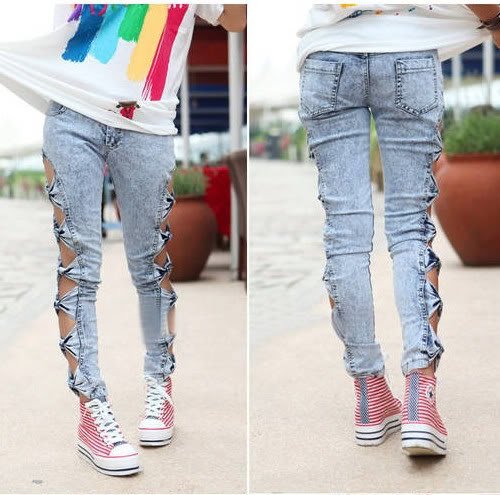 Vintage Detailed Woman Side Bow Cutout Ripped Denim Sexy Jeans Jeggings Trousers[040220]