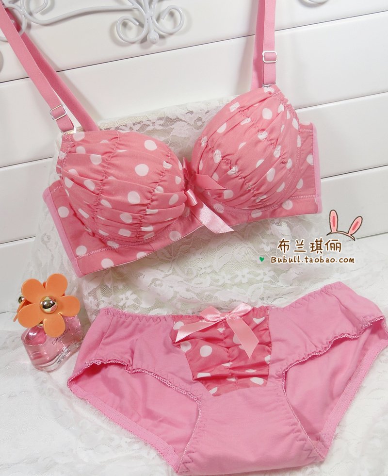 Vintage dot . 3 breasted pleated bow bra underwear set polka dot push up bra