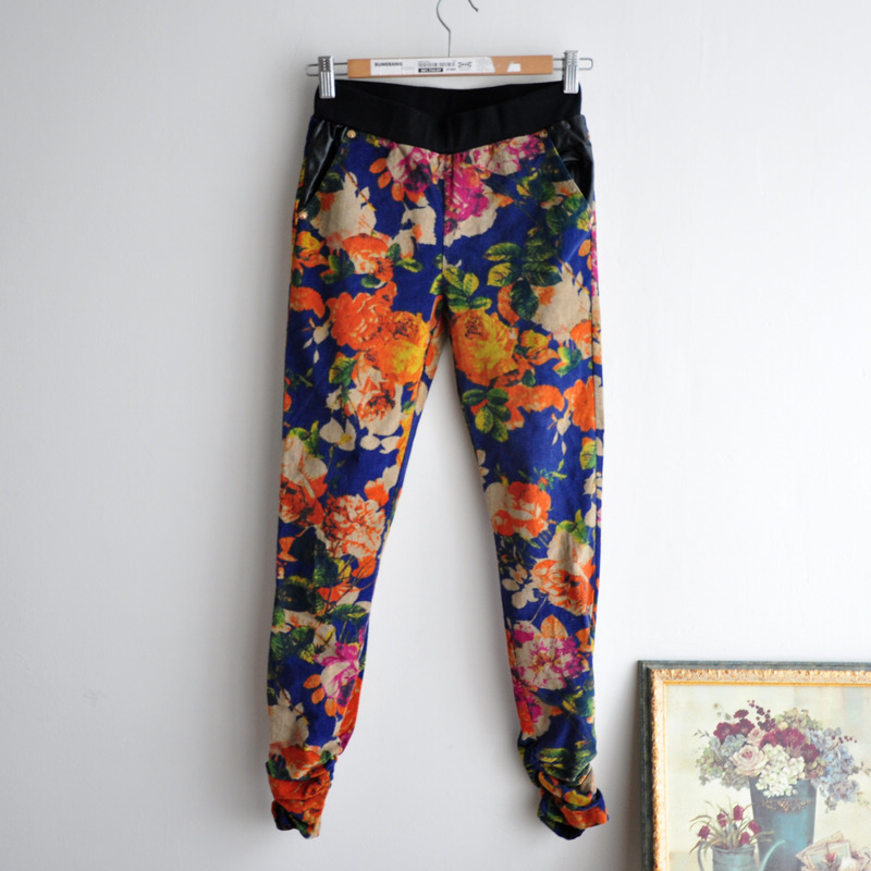 Vintage elegant big flower trousers leather legging mid waist boot cut jeans tights slim 0.32kg free shipping