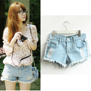 Vintage fashion edging hole denim shorts button women's plus size loose shorts jeans
