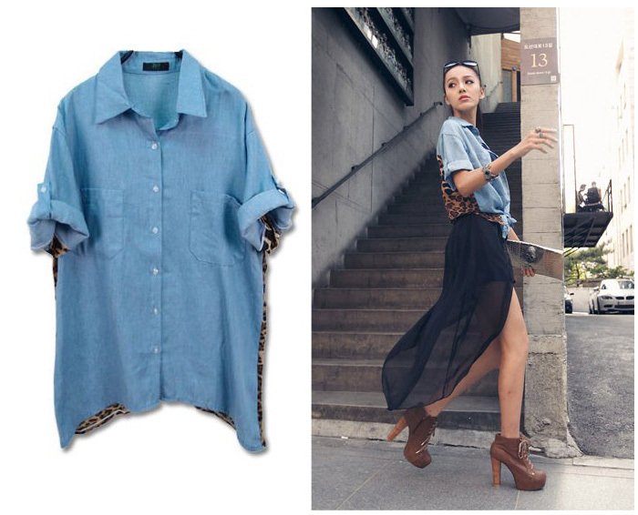 Vintage Fashion Leopard Women Top s Button Shirt Blouse Retro Denim Chiffon Tops