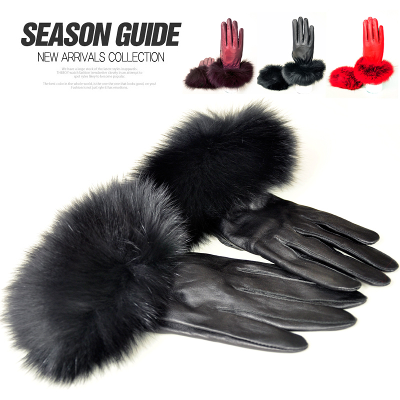 Vintage fashion women's oversized fox fur sheepskin gloves winter thermal genuine leather gloves