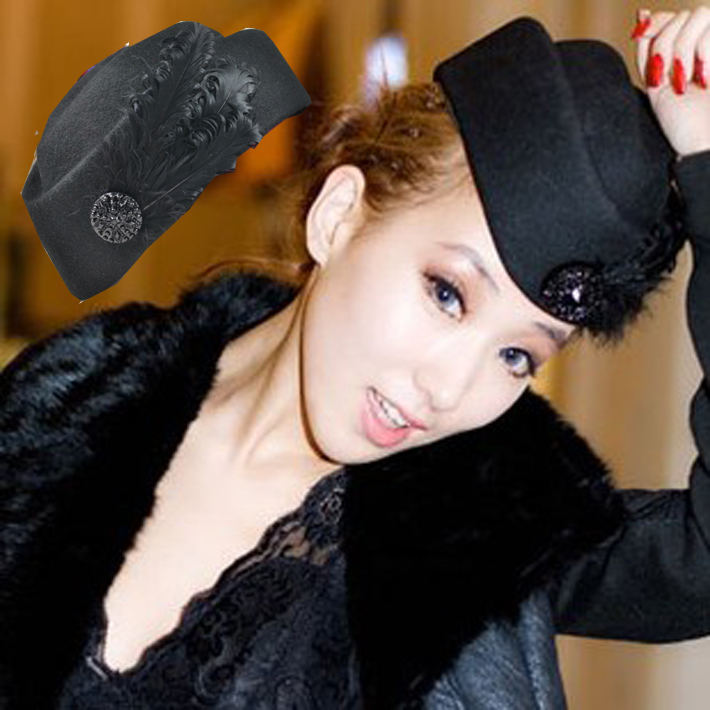 Vintage Feather Woolen Cap Luxury Brit-pop Many Colors Sexy Airline Stewardess Small Fedoras