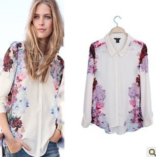 Vintage Floral Chiffon Blouses Long Sleeves Turn-down Collar Casual Shirt Flower Prints Women Shirts Brand Tops White Blouse