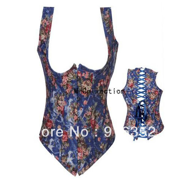 Vintage Flower Waist Cincher Cupless Open Bust Underbust Corset Bustier S-2XL