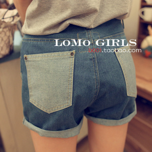 Vintage high waist loose hem personality after roll-up bag jeans shorts pants denim