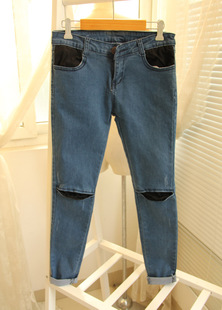 Vintage knee patchwork applique opening low-waist jeans skinny pants pencil pants free shipping