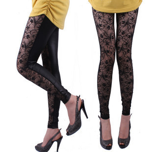 Vintage lace patchwork legging ankle length trousers lace pants skinny pants leather pants female