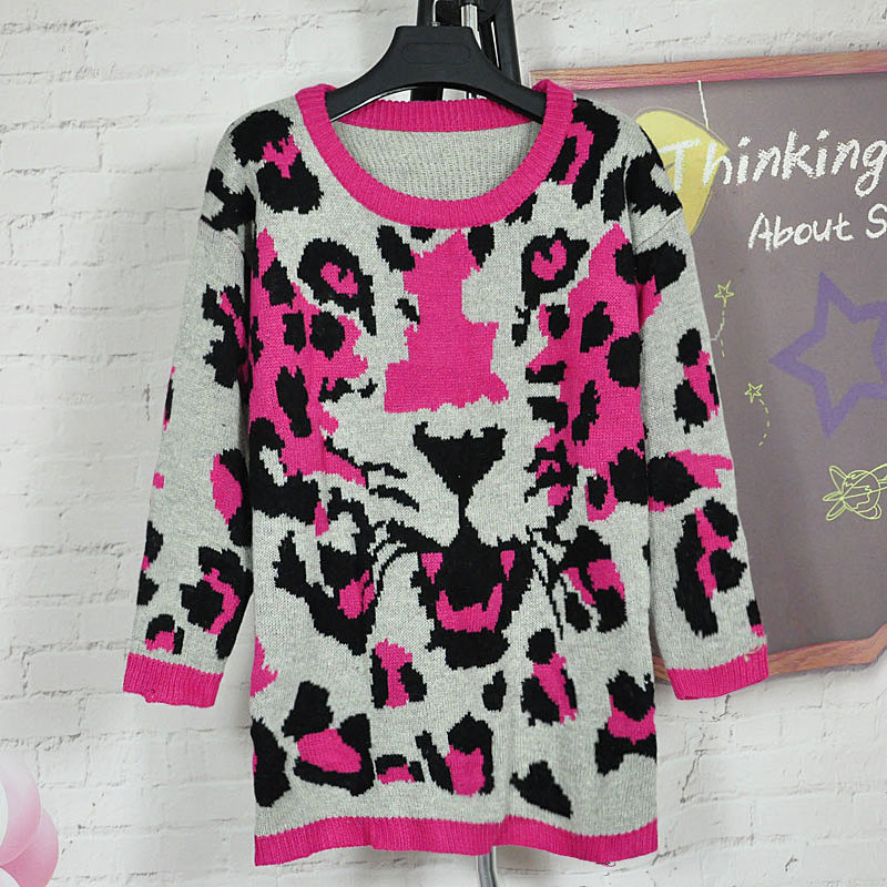 Vintage leopard print tiger head thickening double layer jacquard sweater medium-long sweater powder loose basic