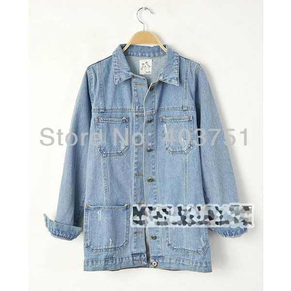 Vintage Long Denim Jacket Coat w/ Pockets Blue  - Free Shiping