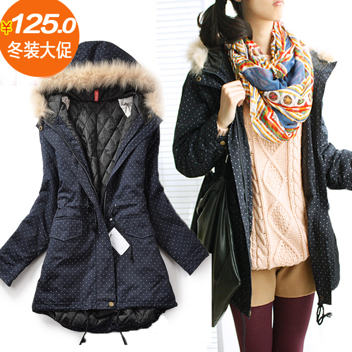 Vintage lourie spring drawstring waist slim small polka dot with a hood fur collar thin cotton-padded jacket wadded jacket