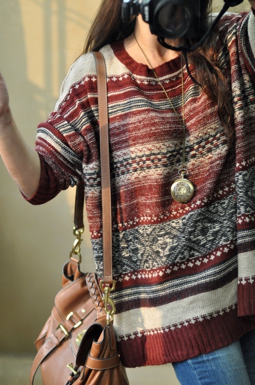 Vintage m r claretred line jacquard loose big sweater